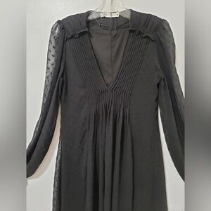 Zara Womens Black Dot Chiffon Pleated V-neck Fit And Flare Dress Long Sleeve